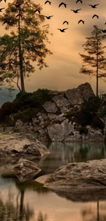 Tranquil mountain lake scene at sunset with birds and trees.