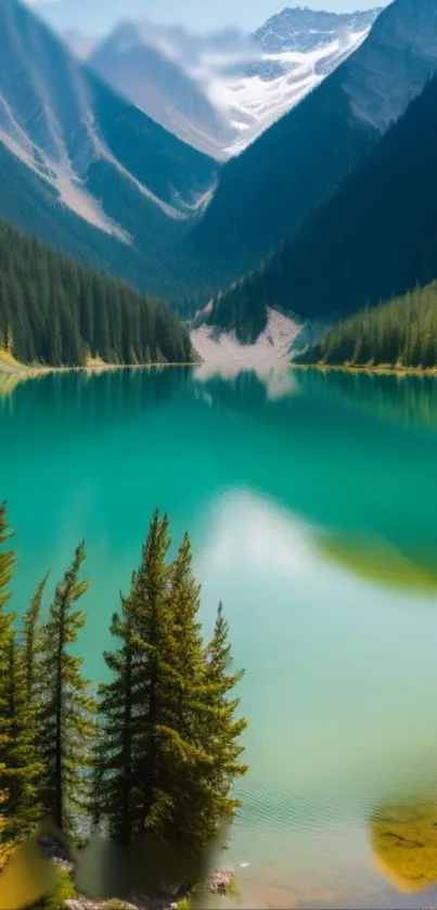 Serene mountain lake with pine trees and snowy peaks.