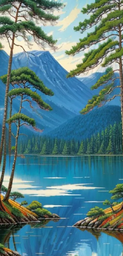 Scenic mountain lake with pine trees and tranquil blue waters.