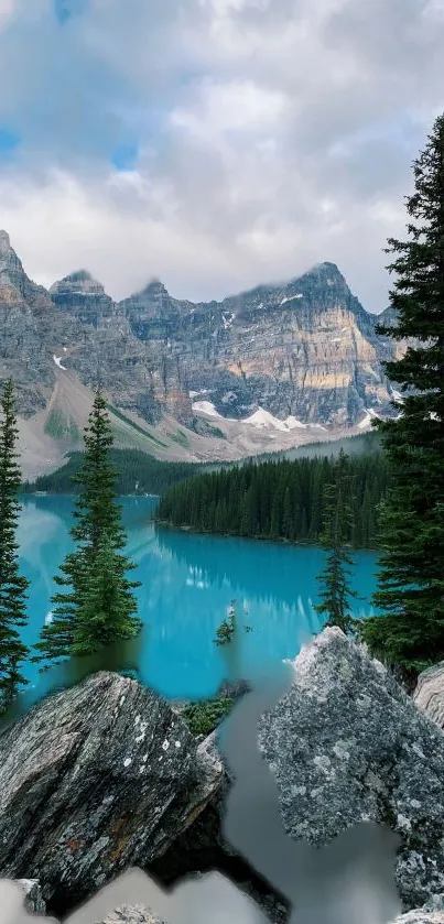 Scenic view of a blue lake surrounded by mountains and trees.