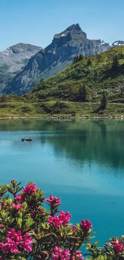 Stunning mountain lake with serene blue waters and vibrant flowers.