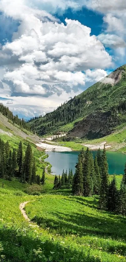 Tranquil mountain lake with green landscape and blue sky.