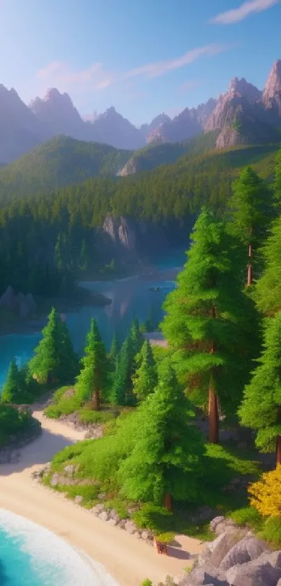 Scenic mountain lake with lush forests and blue skies, ideal for a calming wallpaper.