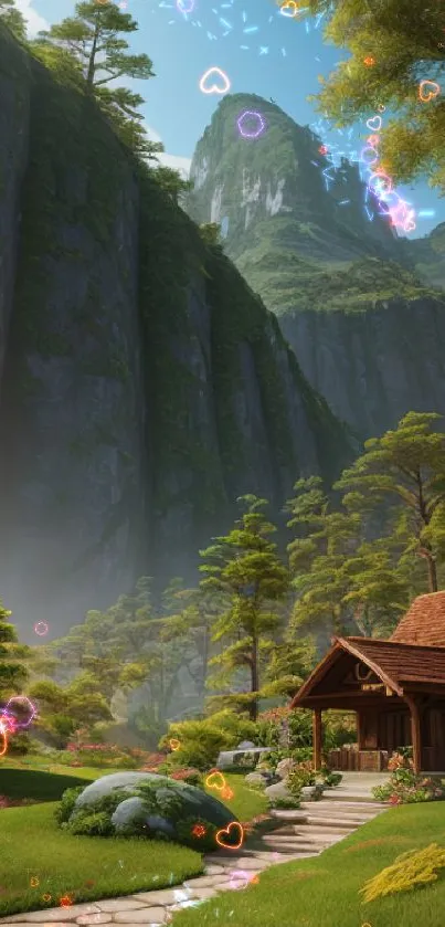 Scenic mountain view with a cabin amidst lush greenery and towering cliffs.