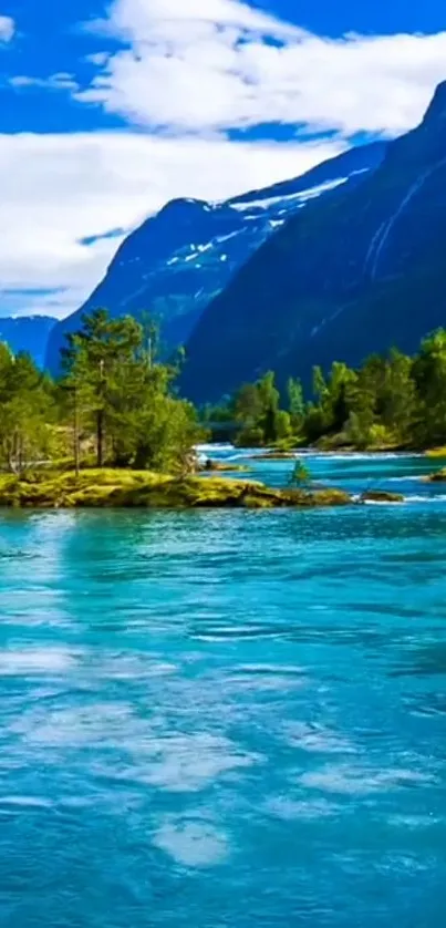 Tranquil mountain river with blue sky backdrop.