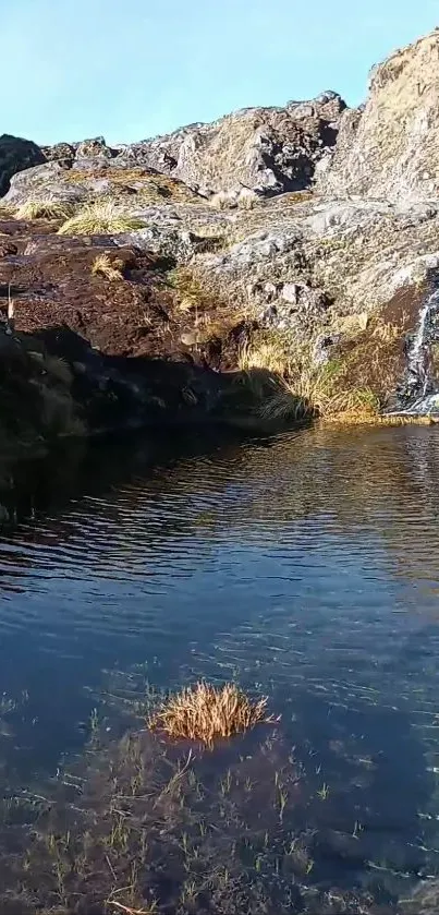 Serene mountain stream with clear waters and rocky background.