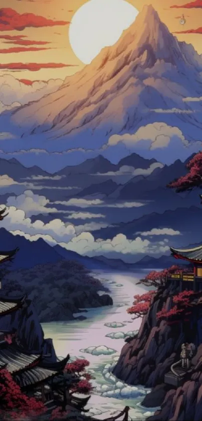 Tranquil mountain sunset with traditional Japanese architecture and vibrant colors.