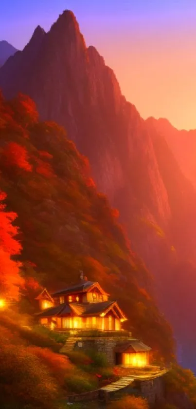 Serene mountain retreat at sunset with warm autumn hues.