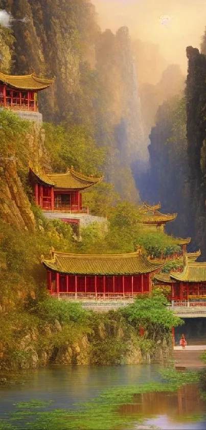 Serene mountain landscape with temples and greenery.