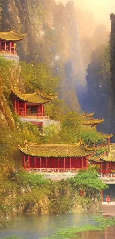 Tranquil mountain temple with lush greenery and serene atmosphere.