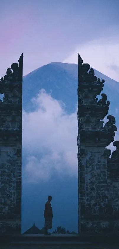 A peaceful view of a lone figure between a gate and mountain.