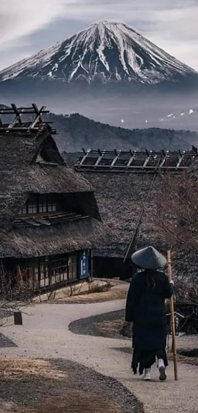 Peaceful village path with mountain view.