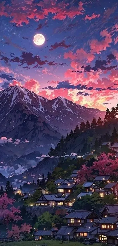 Nighttime view of a mountain village with a moonlit sky.