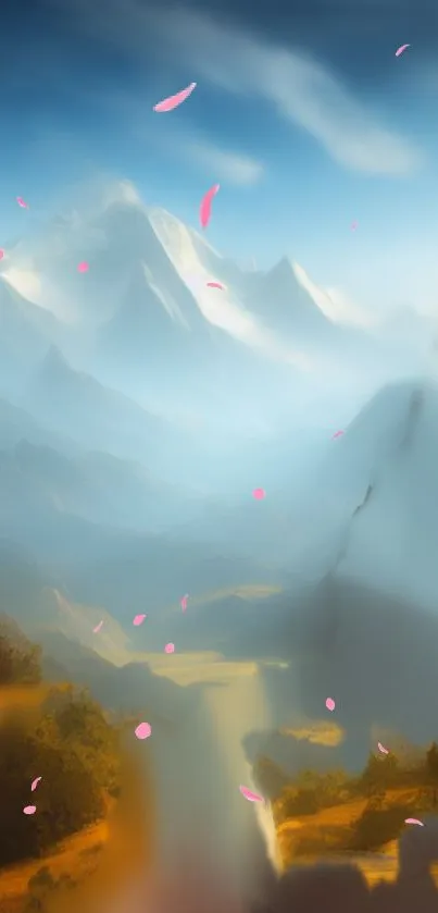 Majestic mountains with pink petals floating in a serene, sky blue landscape.