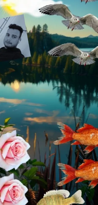 Serene lake scene with birds, fish, and roses in a mobile wallpaper.