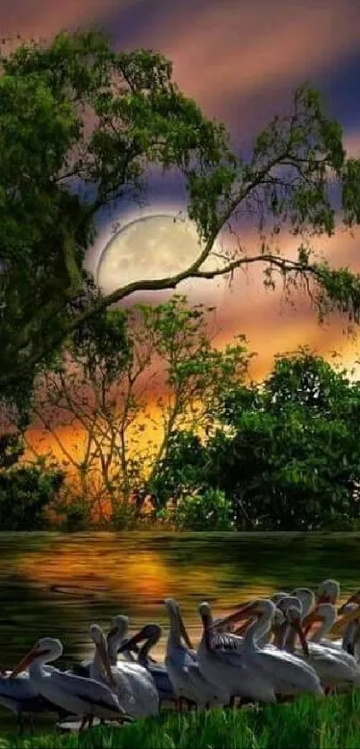 Moonrise over a tranquil lake with lush greenery and birds in the foreground.