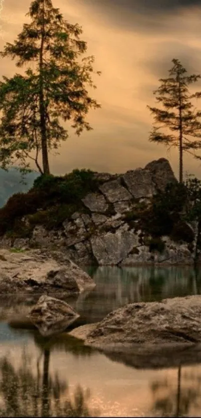 Island with trees reflected in water at dusk under a golden sky.