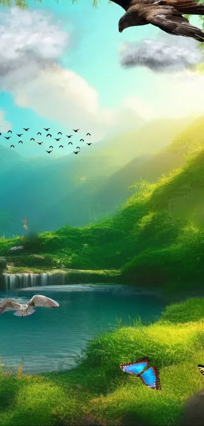 Nature landscape with green hills, a lake, and birds in a serene setting.