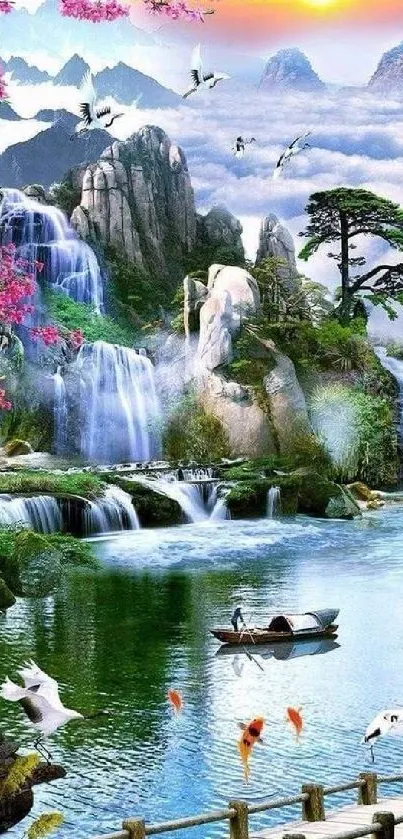Vibrant nature landscape with waterfalls, mountains, and colorful flora.