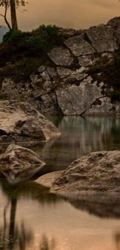 Serene nature landscape with rocks and water reflection.