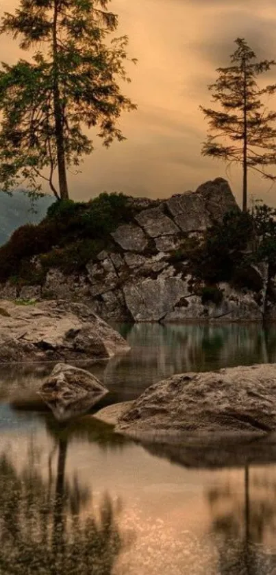 Tranquil nature landscape with trees reflected in a calm lake under a dramatic sky.