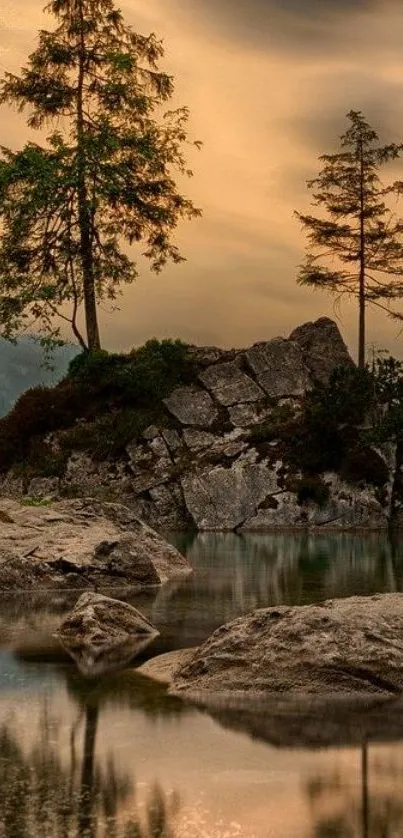 Serene lake with rocky foreground and trees under a calming sky.