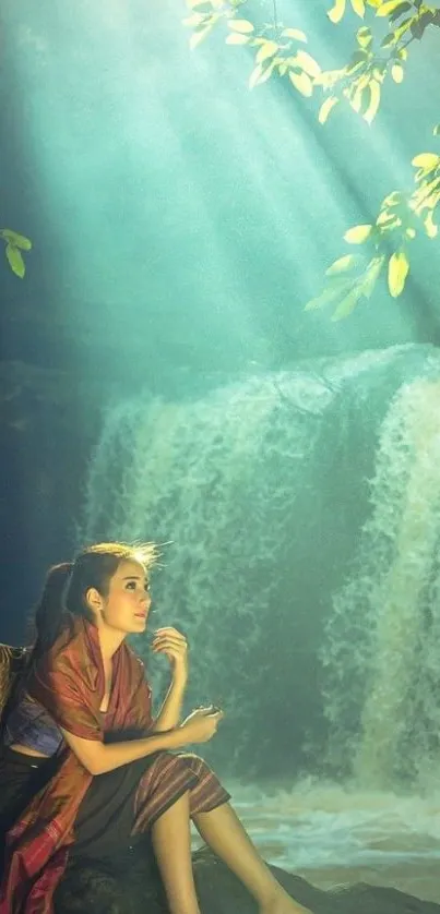 Woman in traditional attire by a waterfall enveloped in sunlight.