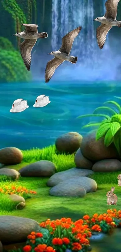 Tranquil nature wallpaper with waterfall and birds in lush greenery.