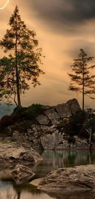 Tranquil landscape with trees and rocky terrain under an evening sky.