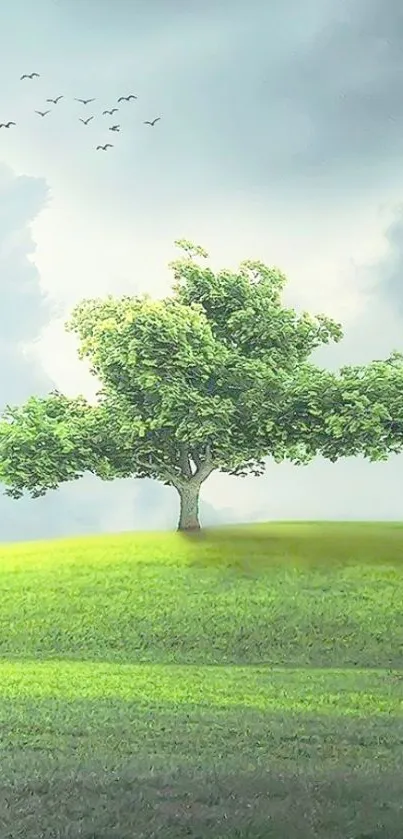 Single tree on a lush green hill with a cloudy sky.