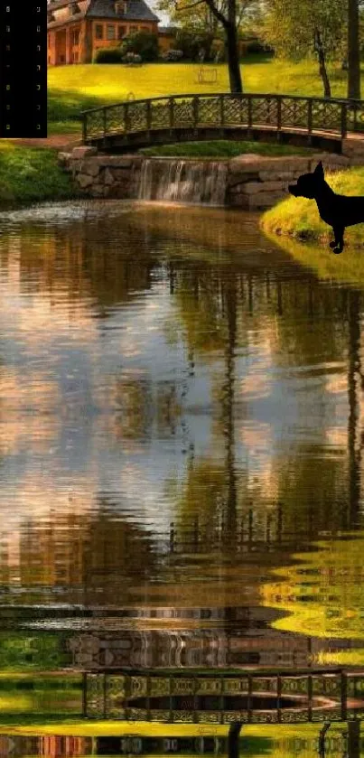 Serene lake with cottage, bridge, and dog reflection.