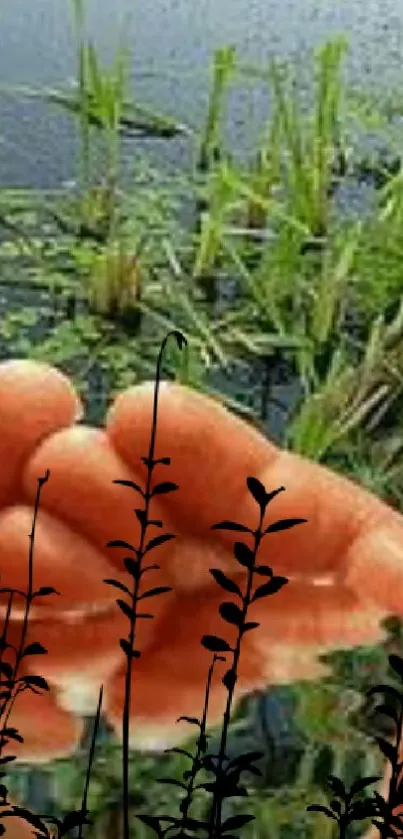 Hands holding water with green plants reflecting tranquility.