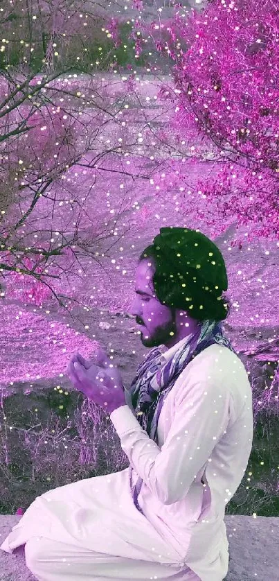 Man meditating in a pink-hued natural setting.