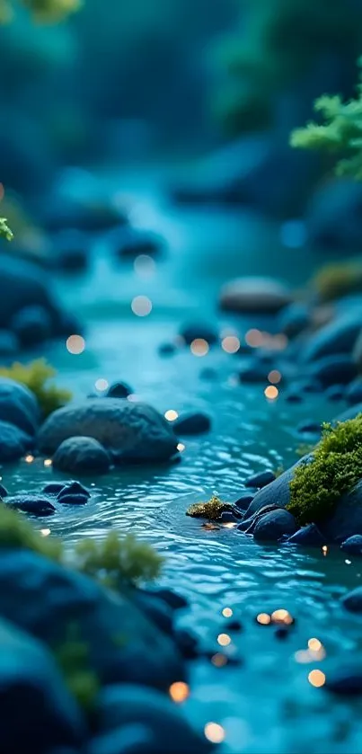 Tranquil stream with lush greenery and glowing lights.