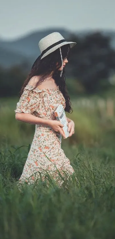 Woman in a floral dress walking through green fields with mountains in the background.