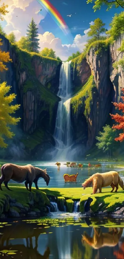 Scenic wallpaper featuring a waterfall, rainbow, and animals in a lush forest setting.