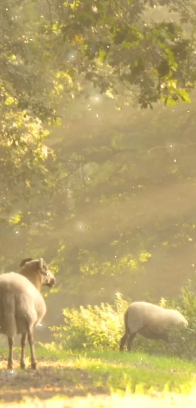 Serene forest with grazing sheep in sunlight.