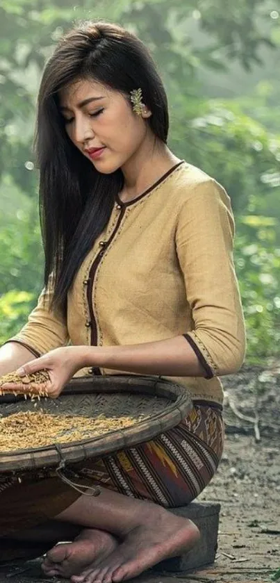 Woman in traditional attire surrounded by natural greenery.