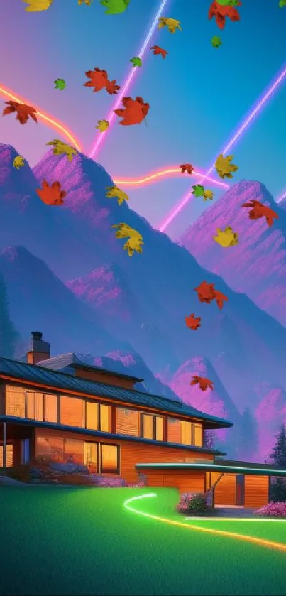 Neon-lit cabin under mountains with vibrant sky.