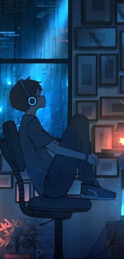 Anime character in a tranquil night room with glowing lamps and a starry window.