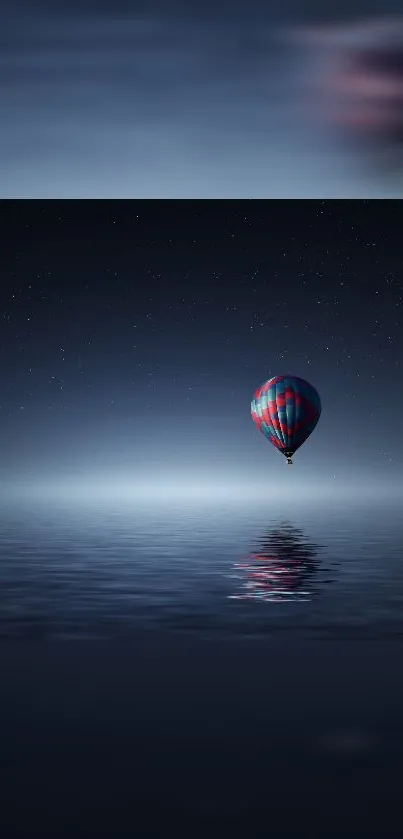 Hot air balloon over moonlit ocean at night with starry sky backdrop.