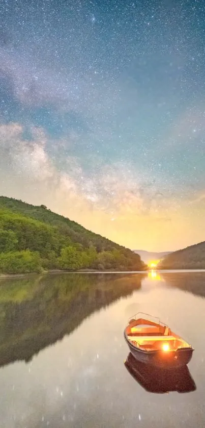 Luminous boat on a tranquil lake under a starry sky at night.