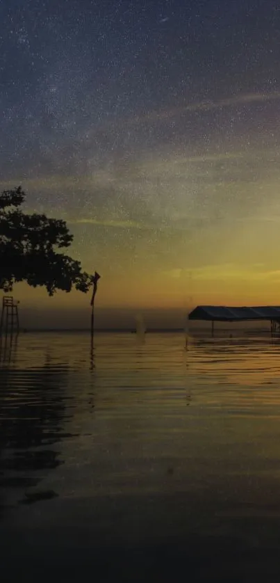 Calm lakeside at night with stars and distant canopies reflecting on water.