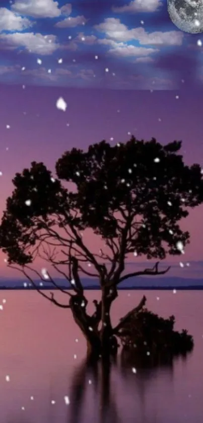 A tranquil scene with a silhouetted tree under a starry sky and snowflakes falling.