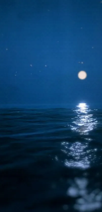 Starry night over ocean with moon reflecting on water.