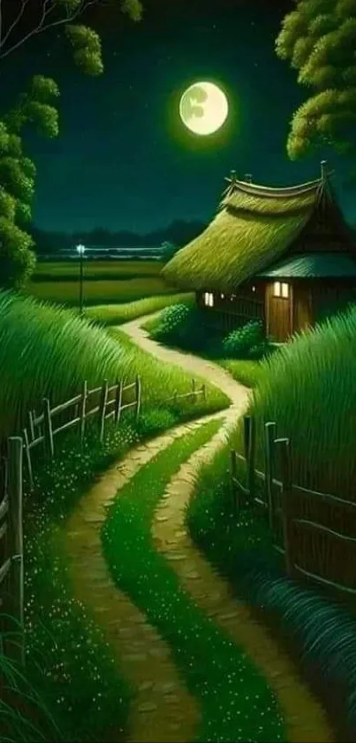 A tranquil moonlit path leads to a cozy cottage amidst lush green grass.