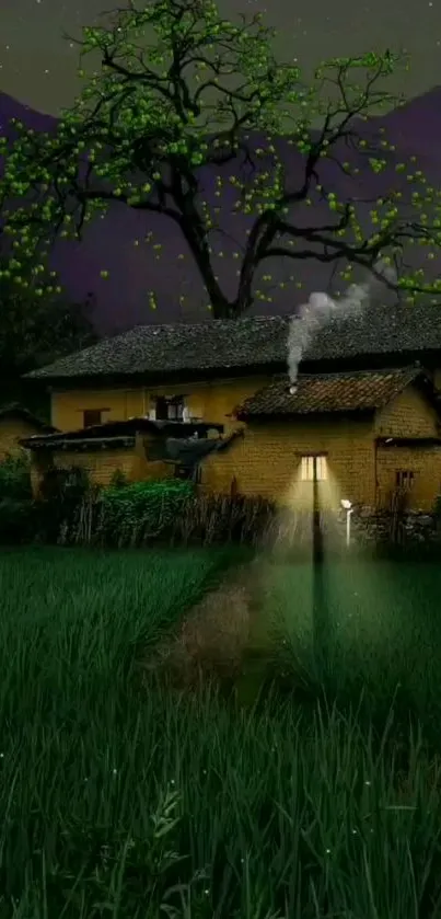 Quaint rural house under a crescent moon at night with green fields.