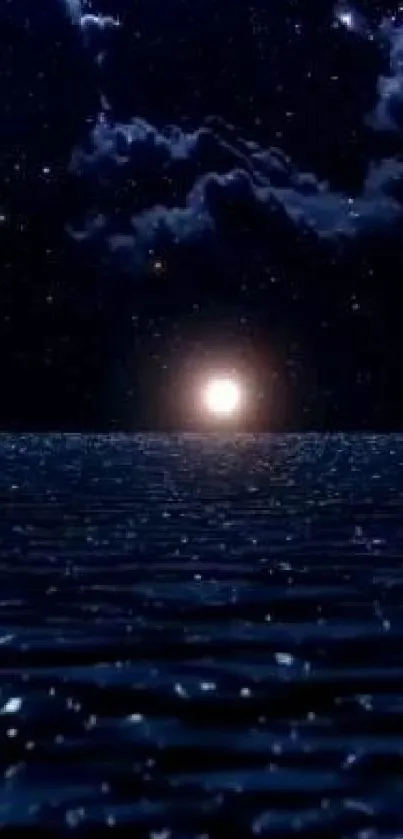 Night sea with moon reflecting on water under starry sky wallpaper.