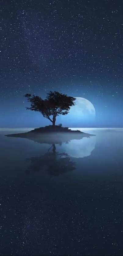 Lone tree reflecting on still water under a starry night sky.