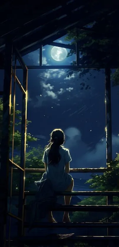 A calm night scene with a girl gazing at the moon through a window.